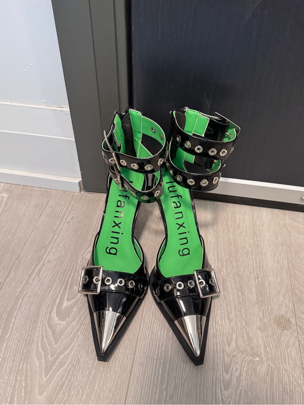 Green and Black Studded Pointed-Toe Ankle-Strap Heels